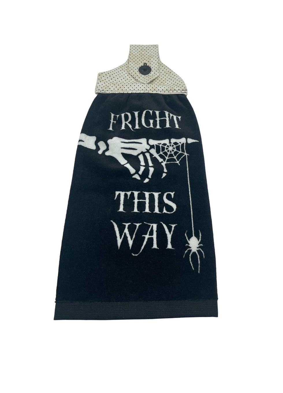 Halloween Hanging Dishtowel Fright This Way With Skeleton Hand and Spiders