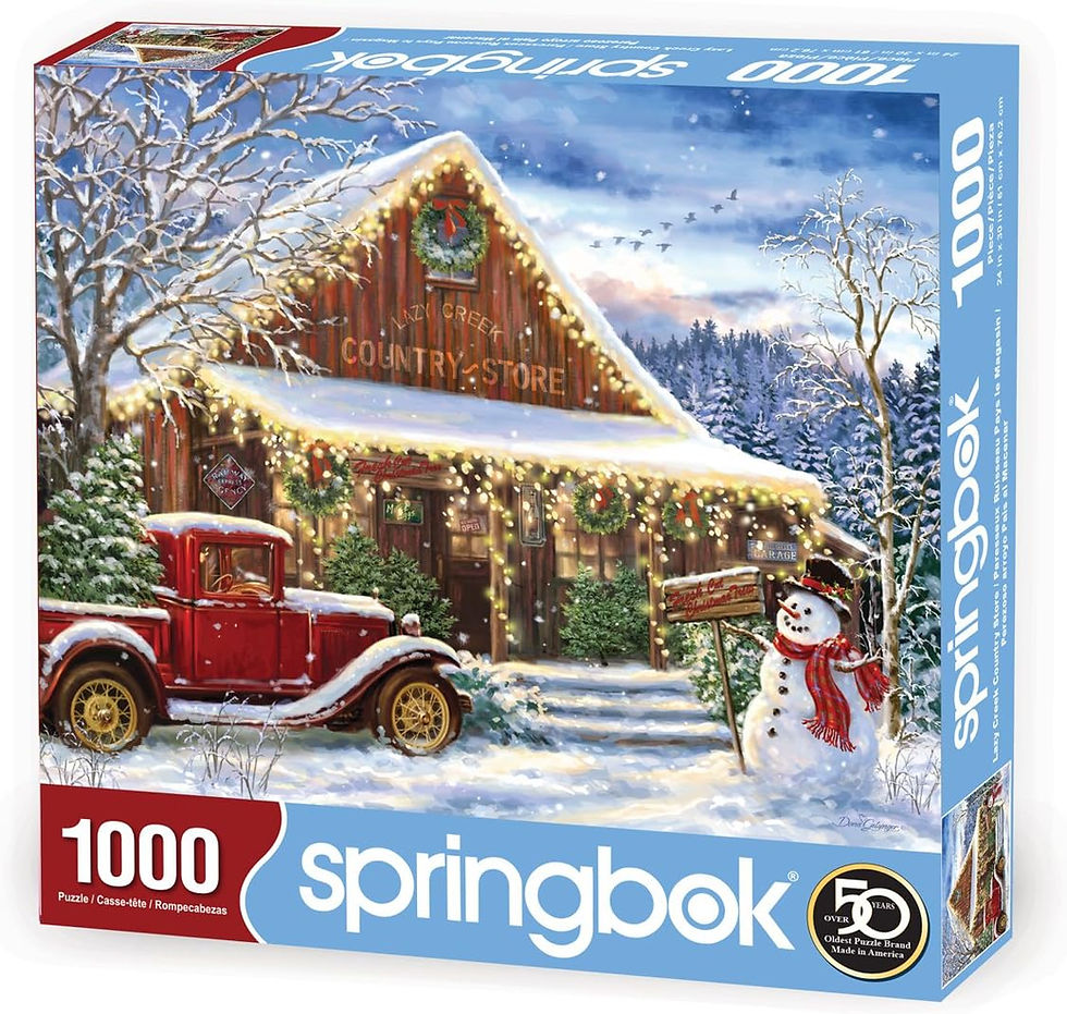 Thumbnail: Springbok 1000 piece puzzle box, snowy cabin, red truck, snowman