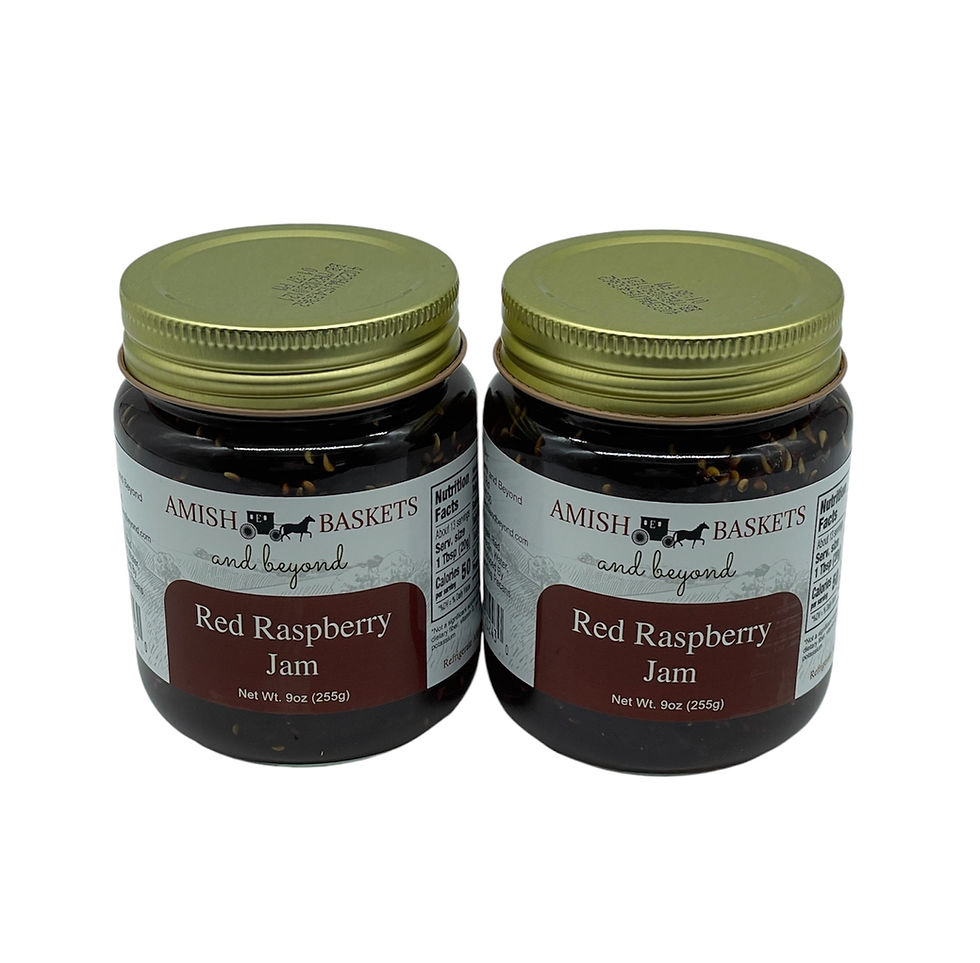 Two jars of Amish Baskets Red Raspberry Jam