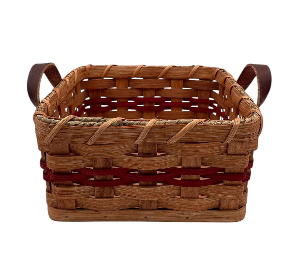 Thumbnail: Woven basket with red band and leather handles