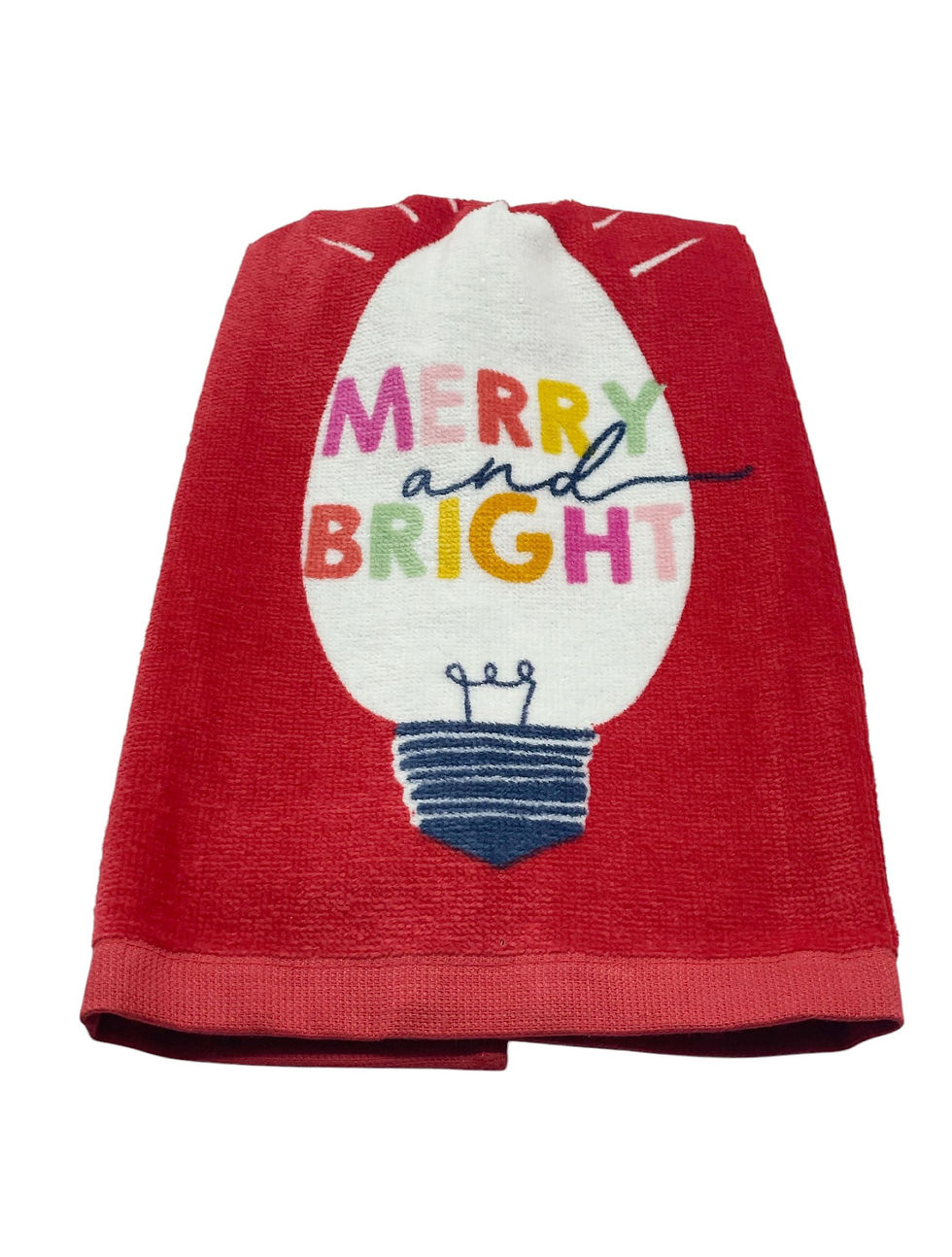 Thumbnail: Red Christmas towel displaying \"Merry and Bright\"