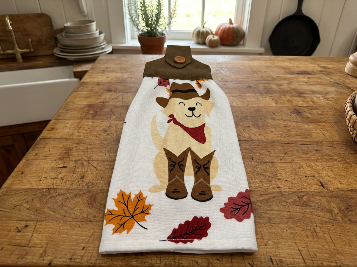 Fall Hanging Dishtowel Cowboy Puppy With Colored Autumn Leaves on White Towel