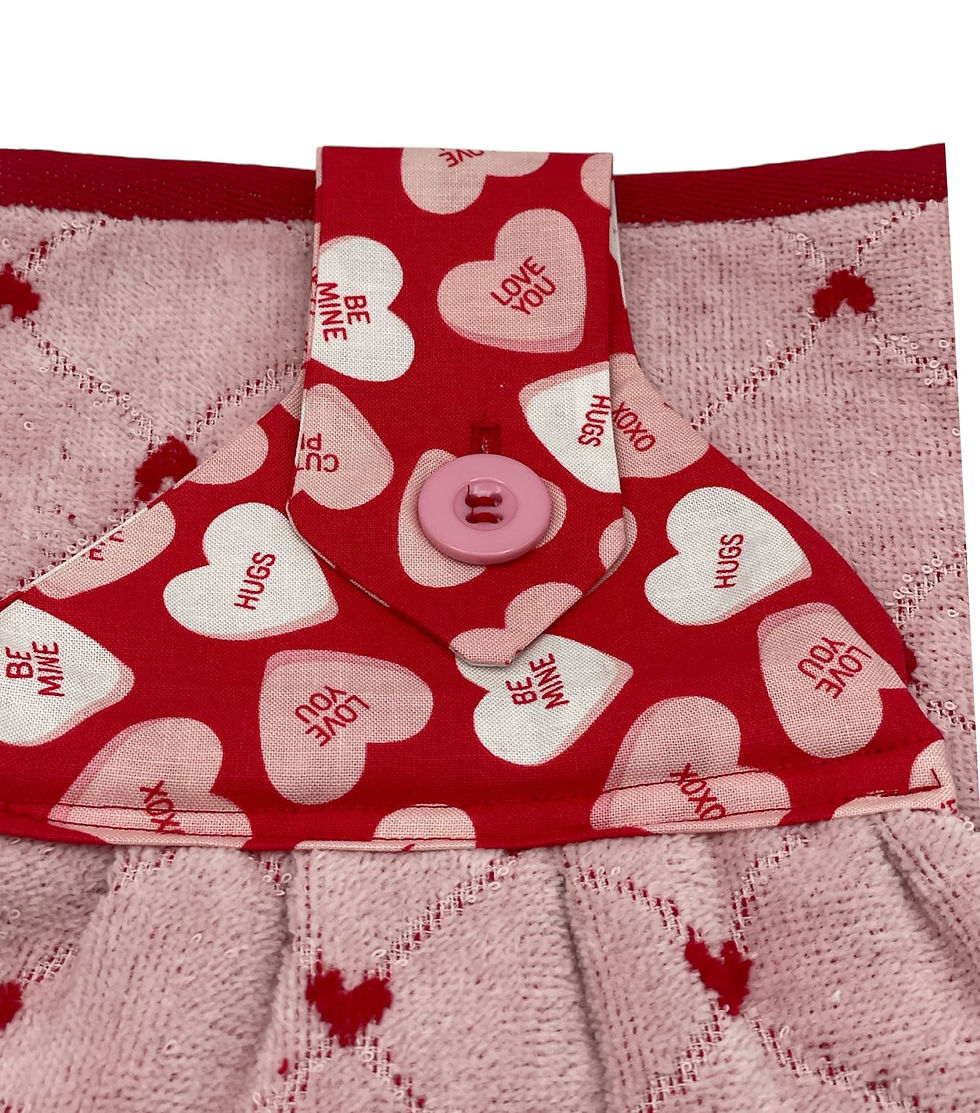 Thumbnail: Red strap with conversation hearts and pink button
