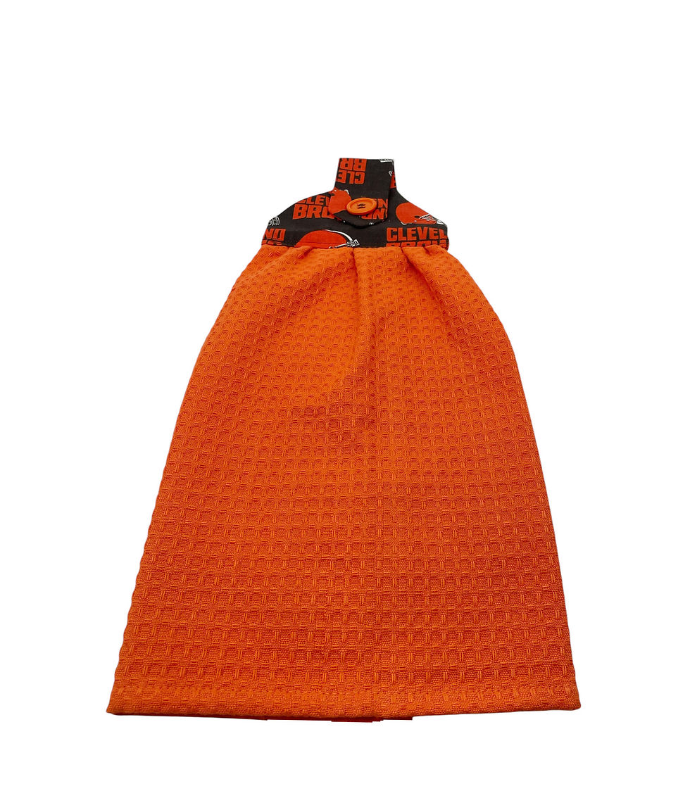 Thumbnail: Bright orange hanging kitchen towel with black and orange patterned top.