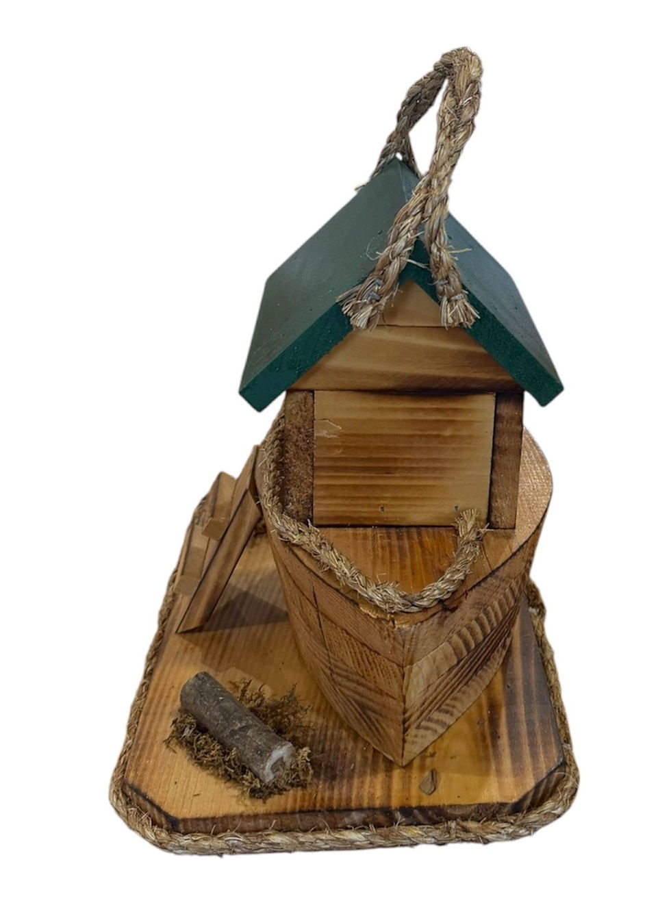 Thumbnail: Amish Made Noah's Ark Birdhouse With Green Roof, Logs, and Jute Rope Hangar