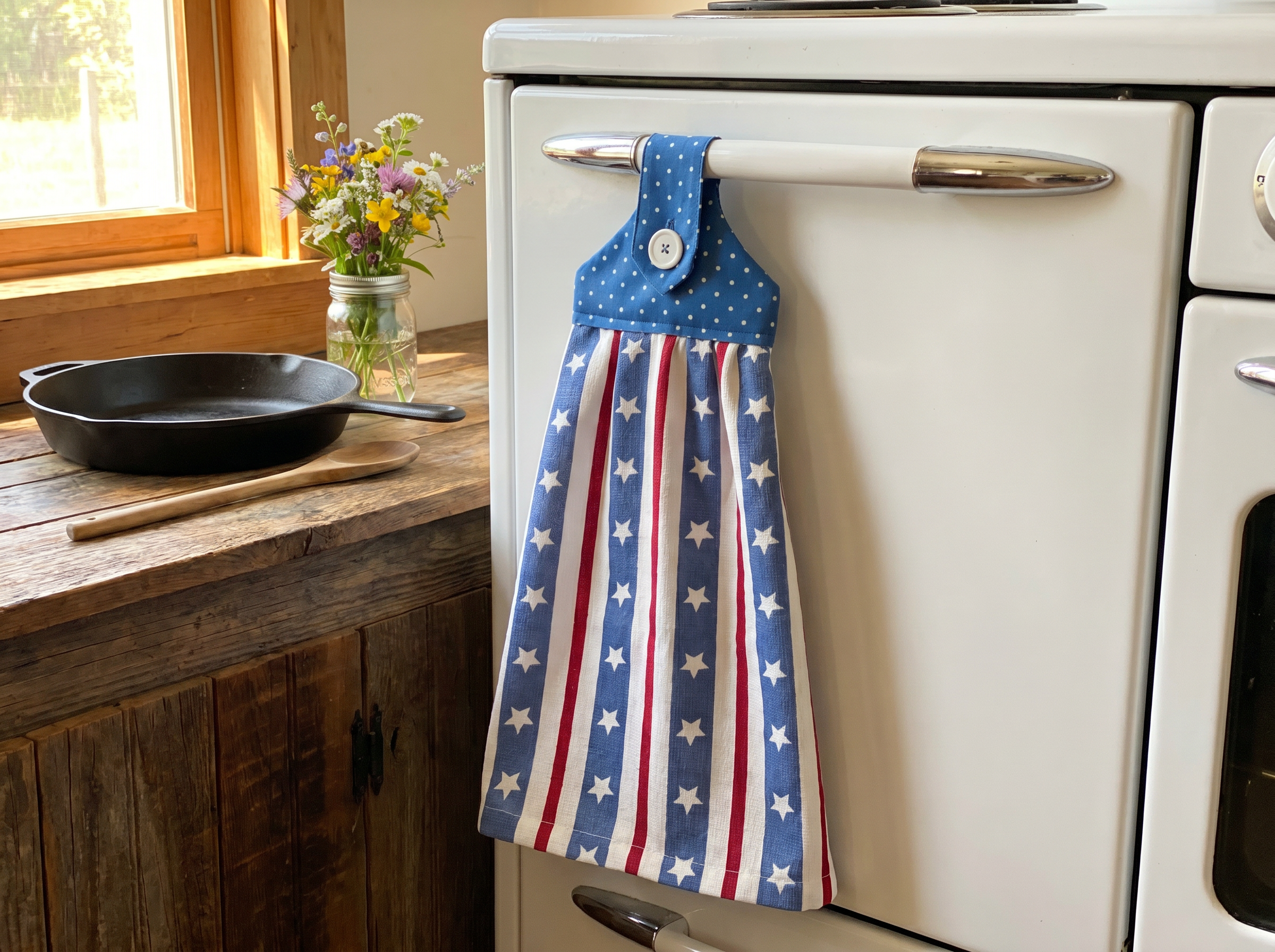 Americana Dishtowel Red, White and Blue Stars and Stripes on Cotton Towel
