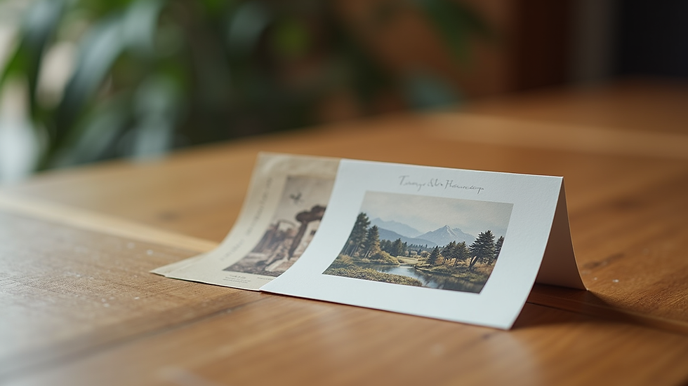 close-up view of a single elegant art postcard on a wooden table