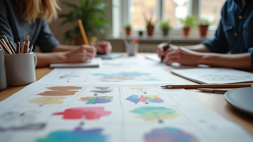 eye-level view of a designer's workspace with sketches and color palettes