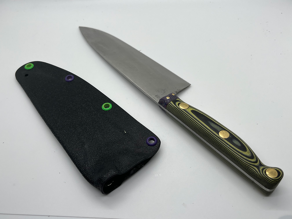Thumbnail: Chef Nitro V, crazy fiber bolster, yellow and black g-10 handle 
