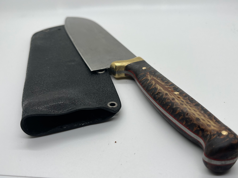 Thumbnail: Santoku Nitro V brass bolster, resin cast pine cone 