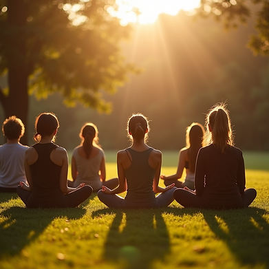 atmospheric shot group yoga practitioners sitting circle warm natural lighting outdoor set