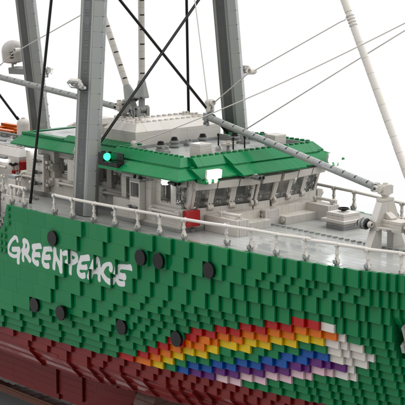 Thumbnail: Close-up of the hull and deck of the LEGO Rainbow Warrior III maritime model