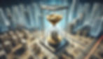 An hourglass placed in the center of a modern urban construction site. Inside the hourglass, flowing sand forms the shape of a 3D-rendered building mid-construction, symbolizing the importance of time in project planning and execution.
