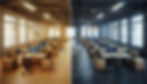 A split image shows a modern office; left side in warm lighting, right side in cool lighting.