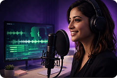 Podcaster at studio microphone with audio waveform on screen, representing Brand You Good's AI voice cloning and audio production service.