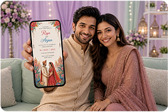 Couple viewing personalised wedding video invitation on phone, representing Brand You Good's AI private event invitation service.