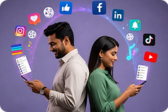 Two professionals with phones and floating Instagram, LinkedIn, TikTok icons, representing Brand You Good's social media marketing service.