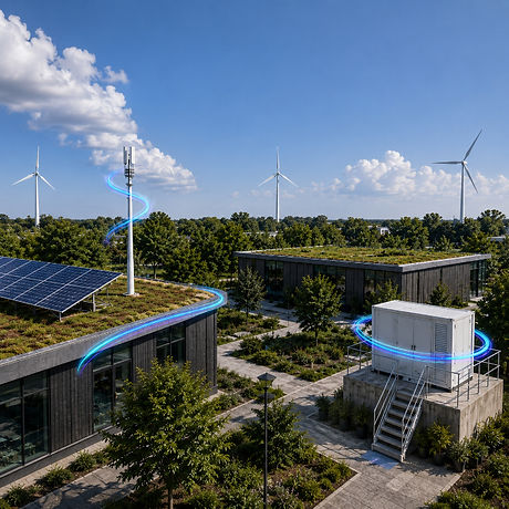 Sustainable data infrastructure with solar panels, wind turbines, and 5G connectivity.
