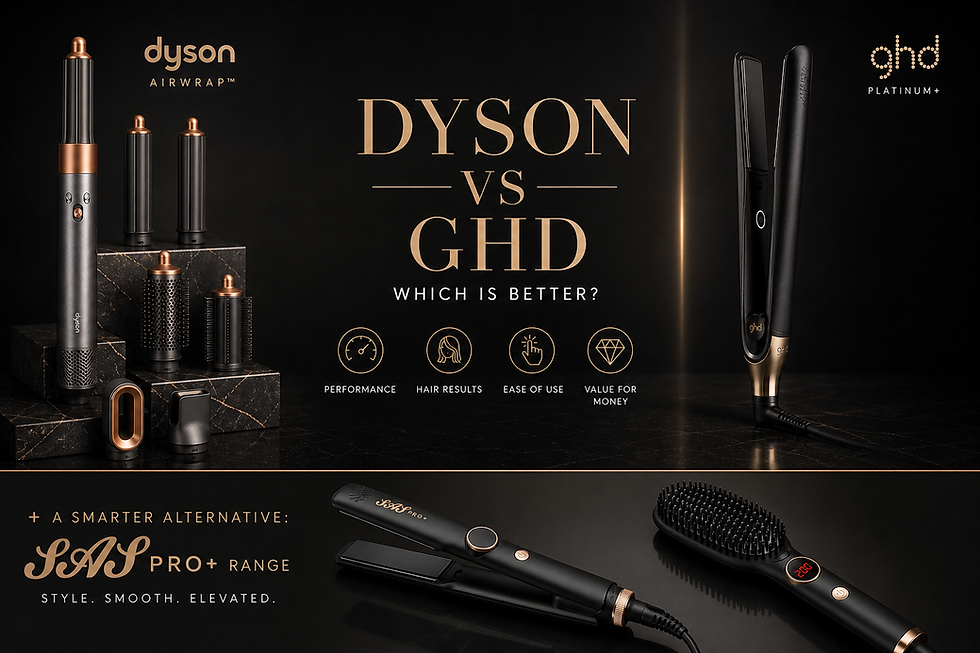 Dyson Airwrap vs GHD Platinum+ hair straightener comparison with SAS Pro+ straightener and brush alternative