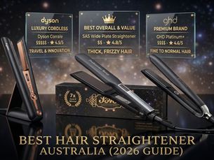 Best hair straightener Australia 2026 comparison showing SAS wide plate straightener vs GHD Platinum+ and Dyson Corrale for thick and frizzy hair