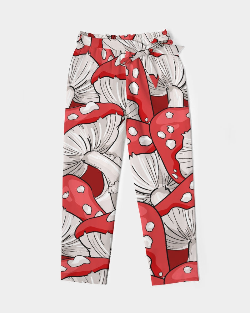 Thumbnail: Red Amanita - Women's Belted Tapered Pants - Illustrated Pattern