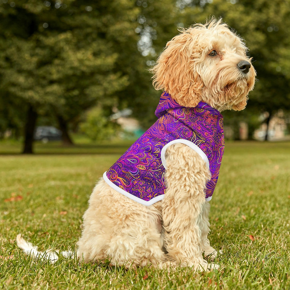 Thumbnail: Dog Hoodie in Psytrance Print - Sleeveless All-Season - Purple Magic Mushrooms
