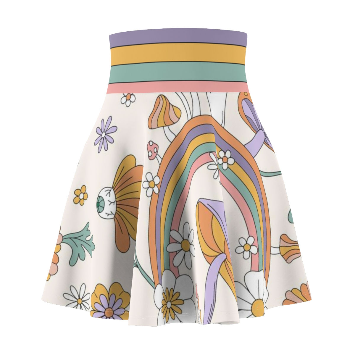 Women's Skater Skirt - Retro Psychedelic Rainbow - Mushroom Pattern