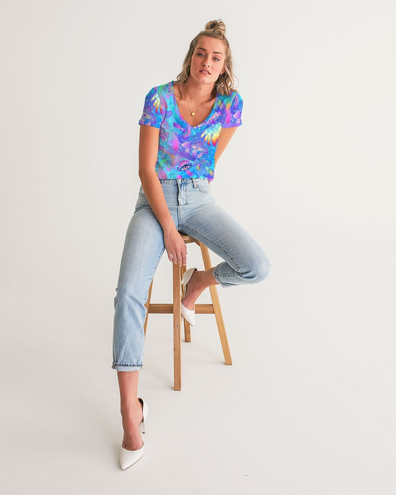 Miniatura: Blue Magic Mushroom Pattern Women's V-Neck Tee