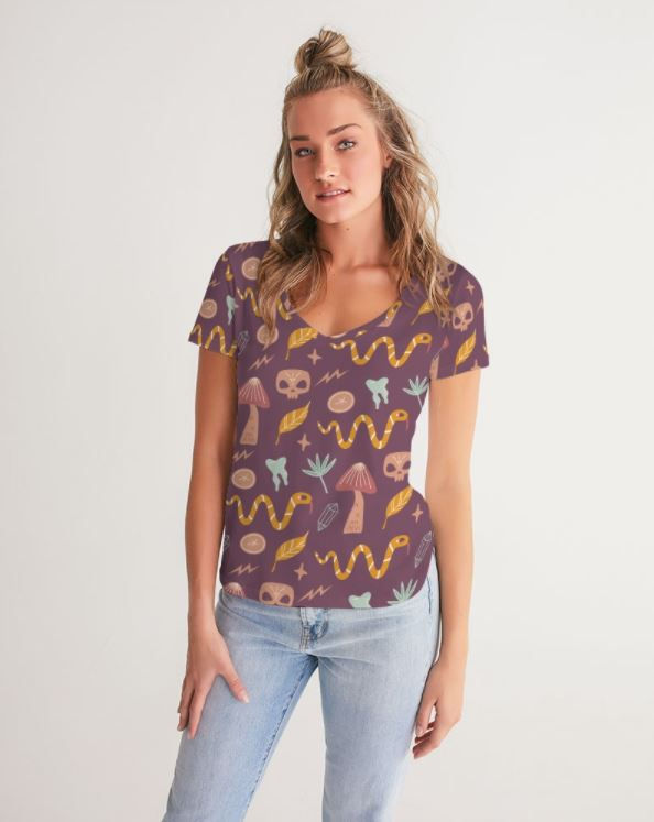 Thumbnail: V-Neck Tee - Witchy Illustrated Pattern - Women's