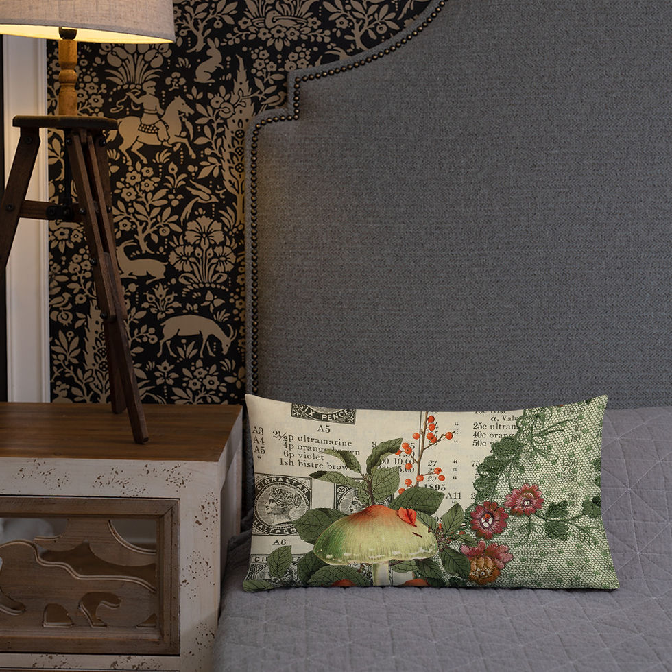 Miniature : Cottage Core, Throw Pillow, Vintage Mushroom Collage