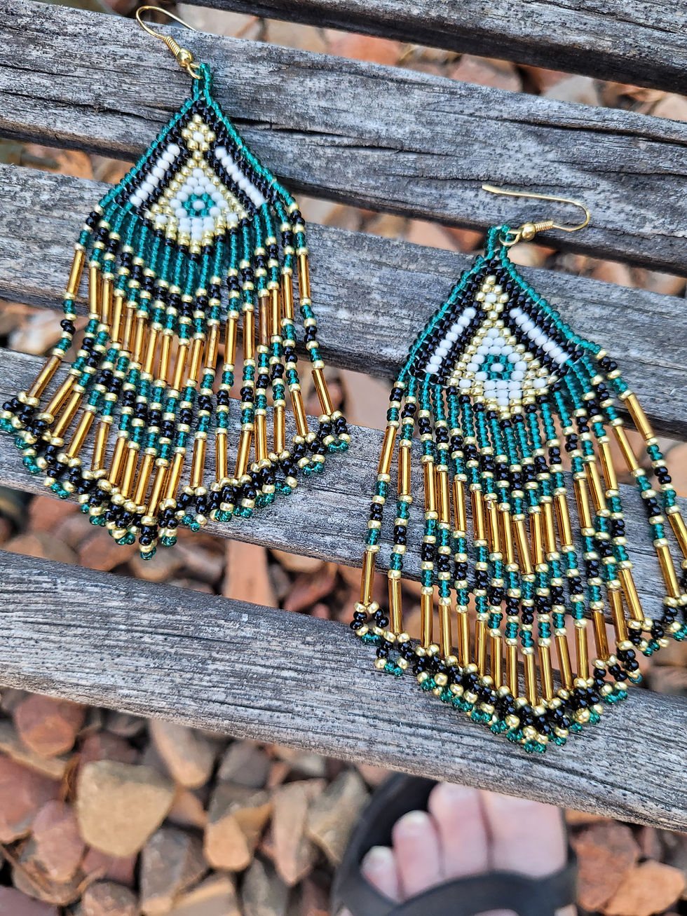 Gold Bugle Fringe- Teal Green, White and Black