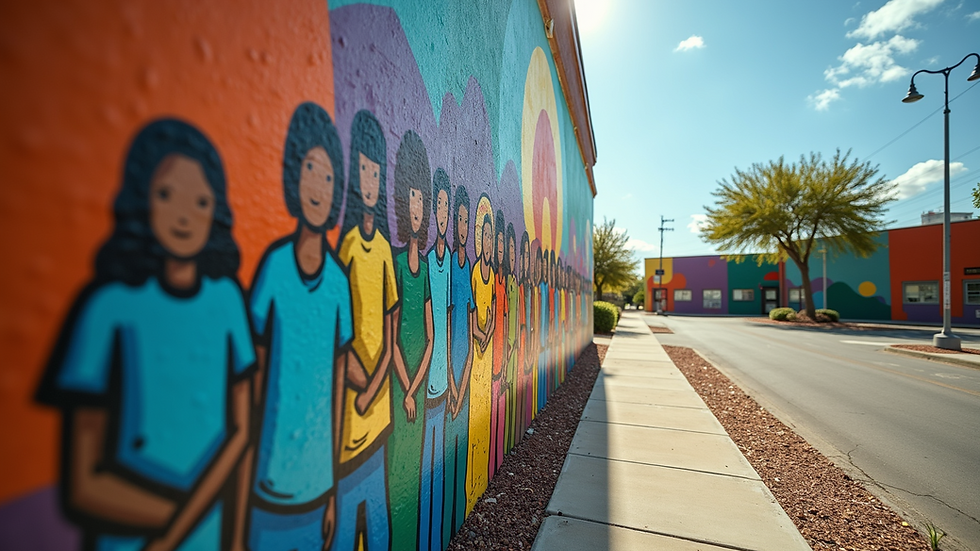 Eye-level view of a community center mural symbolizing unity