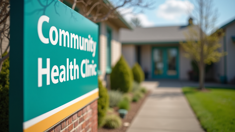 Eye-level view of a community health clinic with vibrant signs