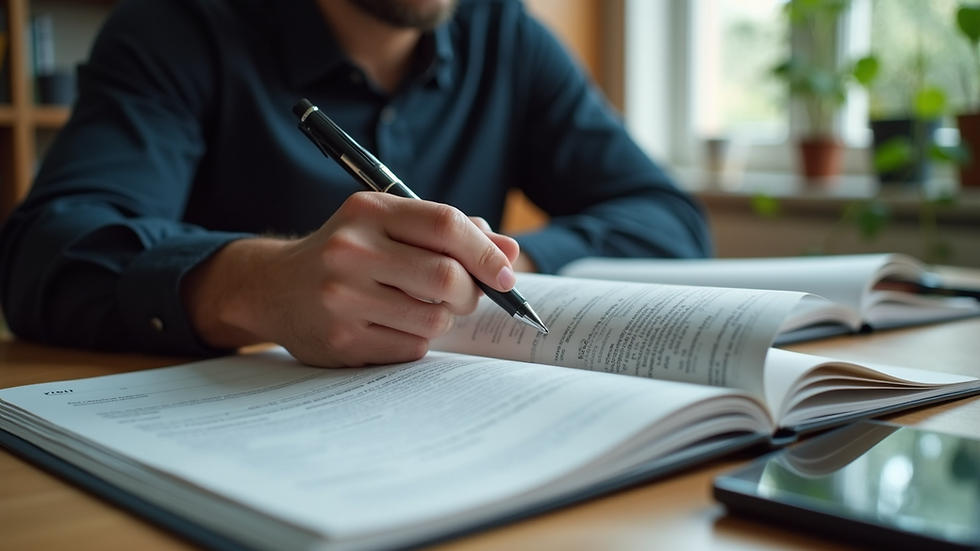 Eye-level view of a person reading an investment book at a desk