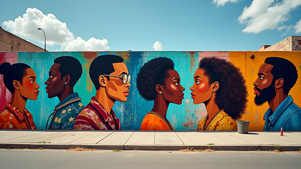 Eye-level view of a vibrant mural celebrating African American artists