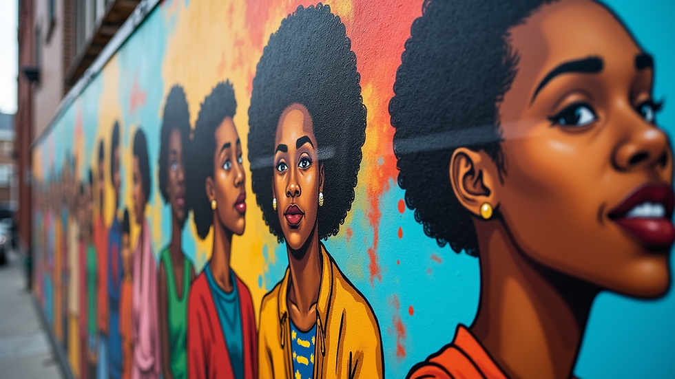 Close-up view of a vibrant mural celebrating Black history and culture