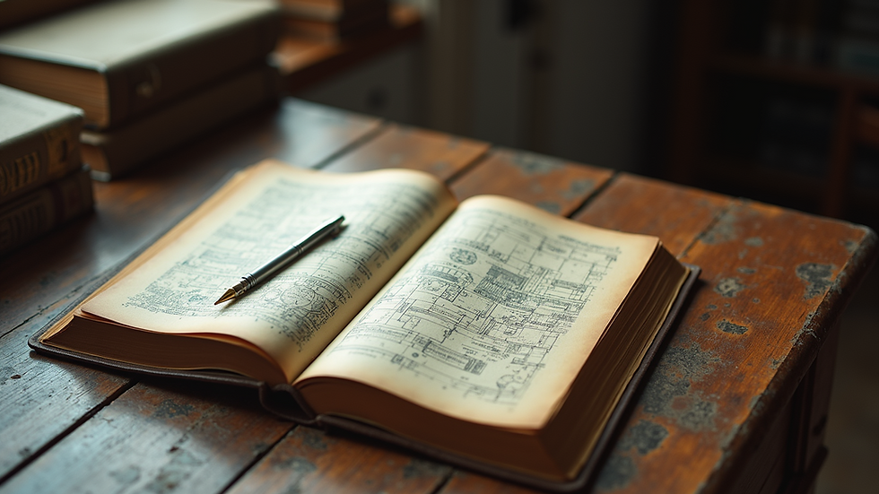 High angle view of an old engineering book on a desk