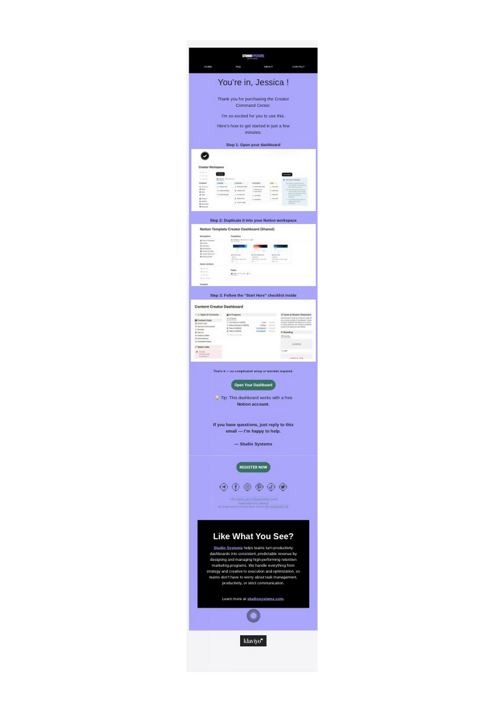 Studio Systems Welcome On boarding email