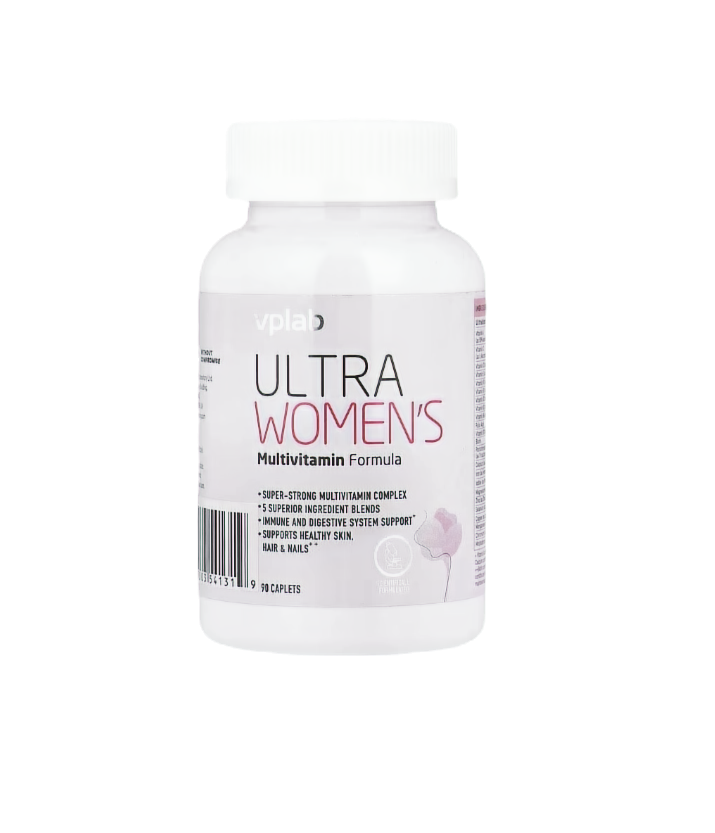 Ультра жіноча мультивітамінна формула від vplab на білому фоні. Здоровий спосіб життя.