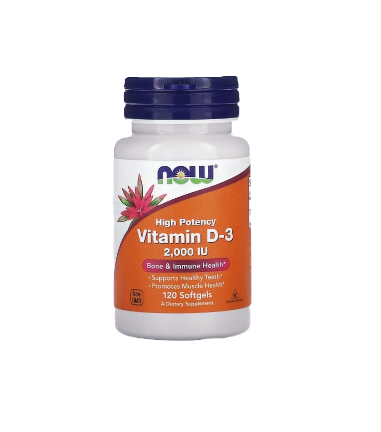 NOW Vitamin D-3 2,000 IU, 120 softgels, supports health and immune.