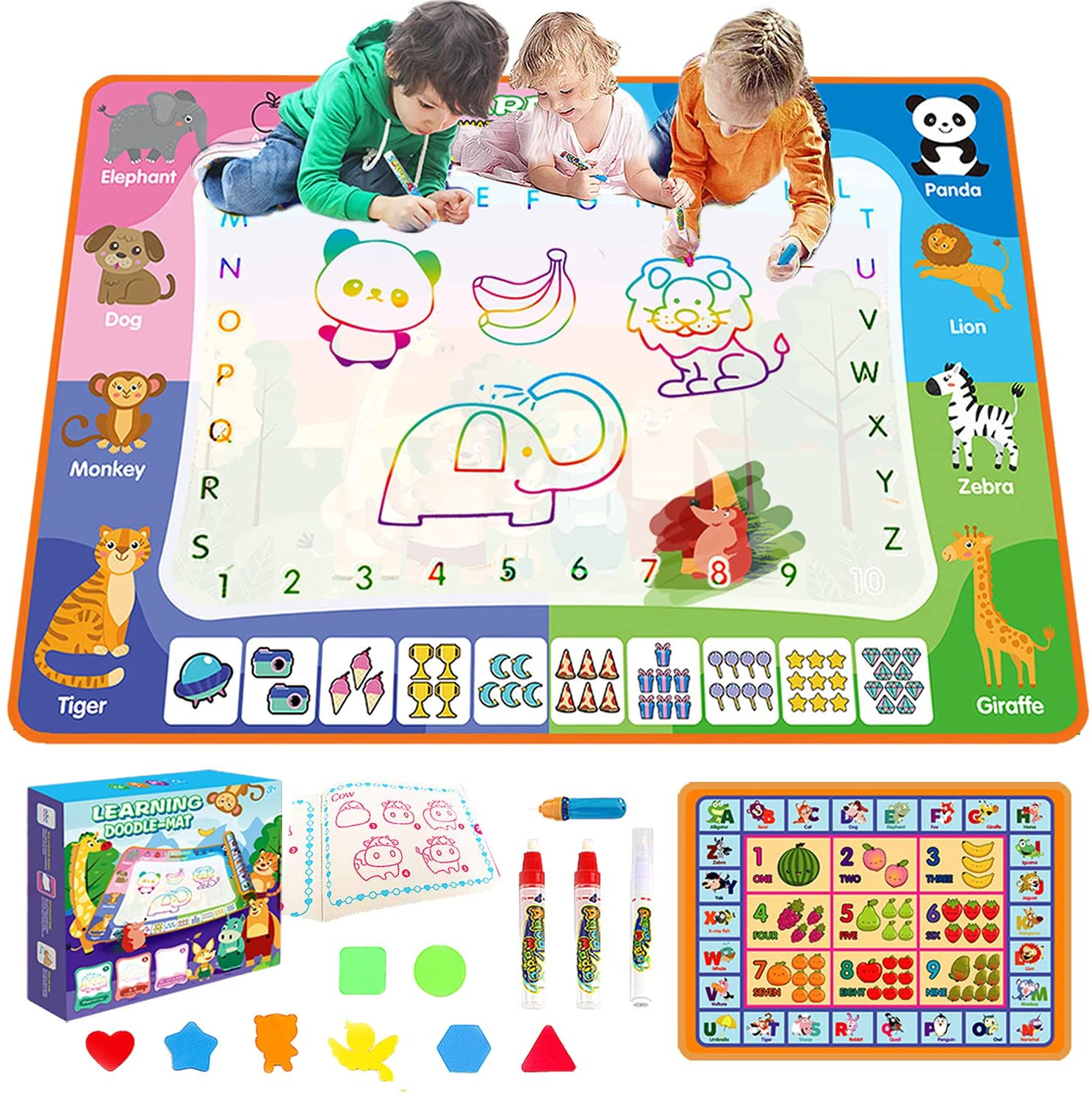 Aqua Water Doodle Mat, 3in1 Reusable Painting Drawing Writing Toys with Letter
