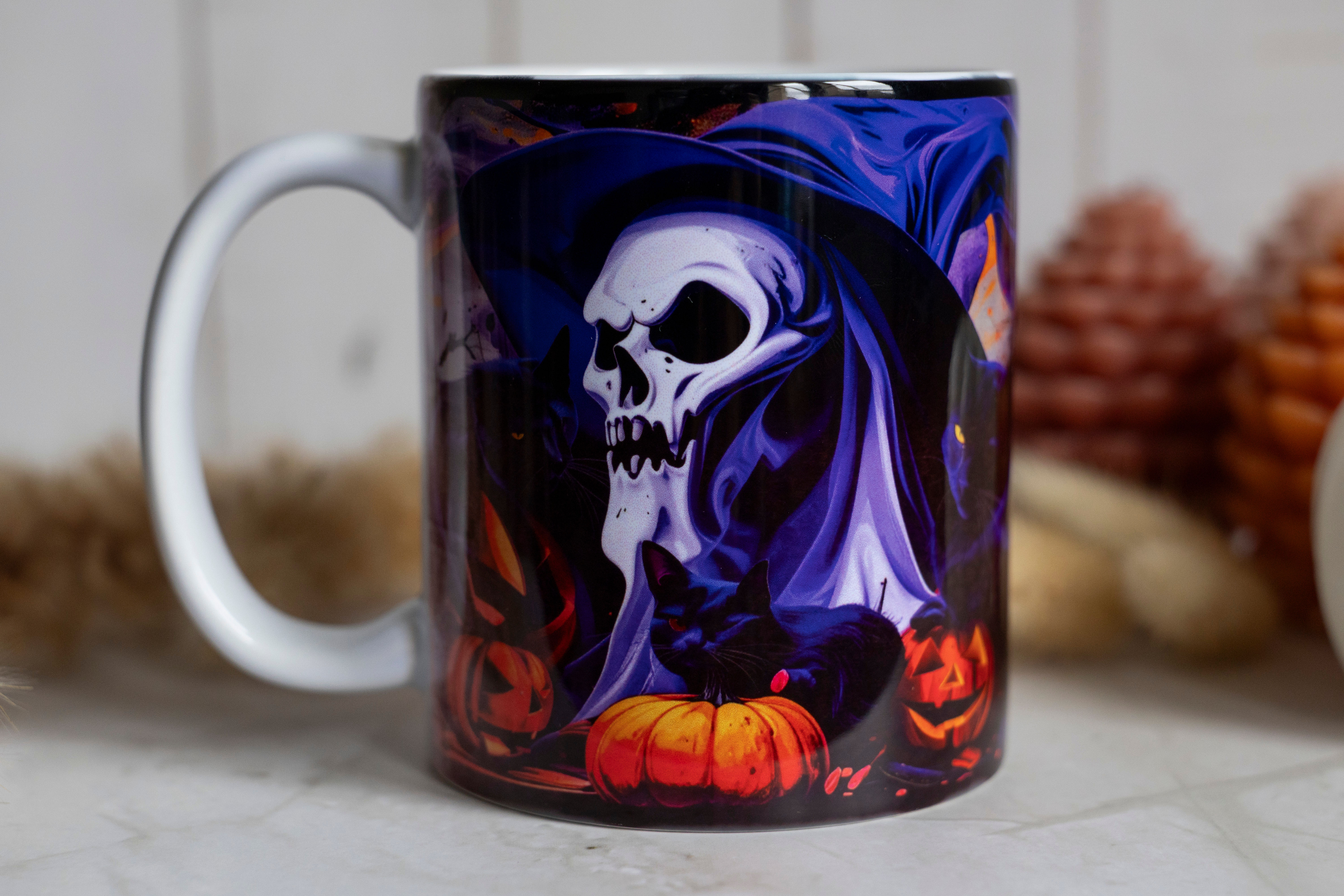 Halloween Skeleton Wizard with Cats and Pumpkins Ceramic 11oz Mug