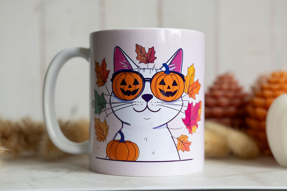 Halloween Themed Cat with Pumpkin Glasses and Autumnal Leaves Ceramic 11oz Mug