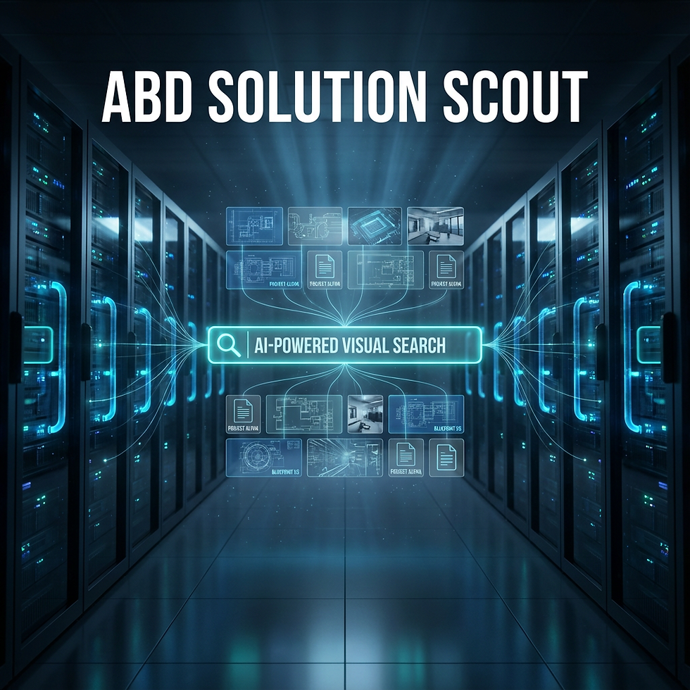 Futuristischer Serverraum mit leuchtender Suchleiste „AI-powered visual search“, verbunden mit schwebenden Kacheln/Thumbnails für Referenzprojekte und Dokumente; Headline „ABD Solution Scout“.