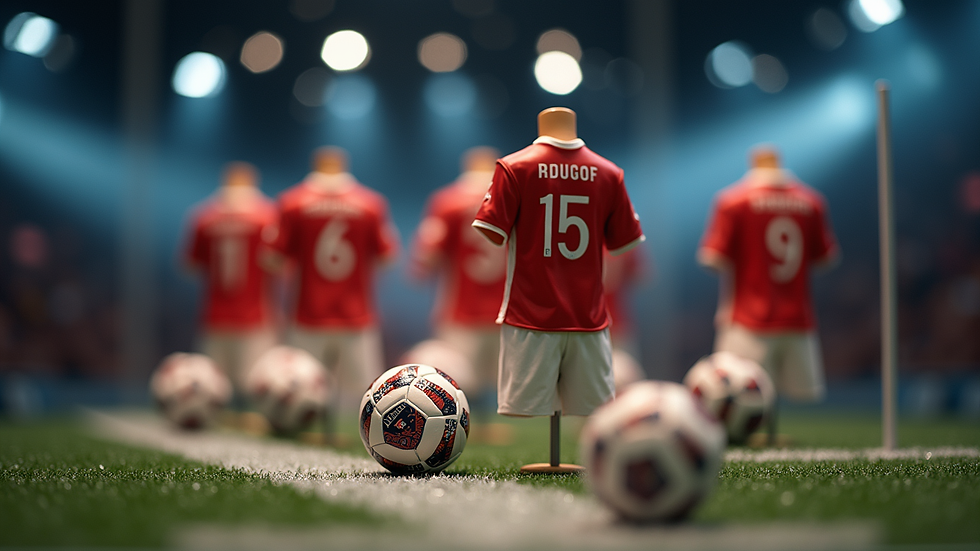 Vista frontal de juguetes oficiales FIFA en exhibición