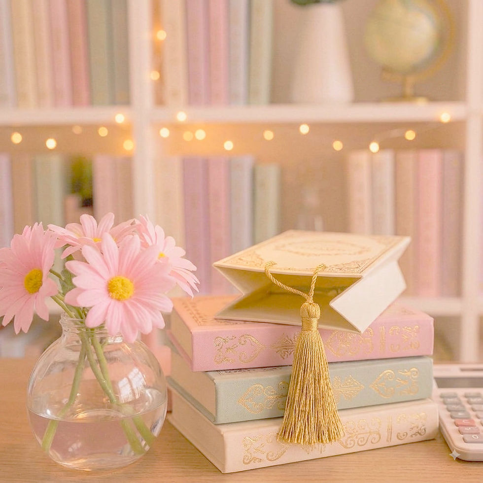 Livros empilhados e flores rosas em um cantinho de leitura com estante ao fundo