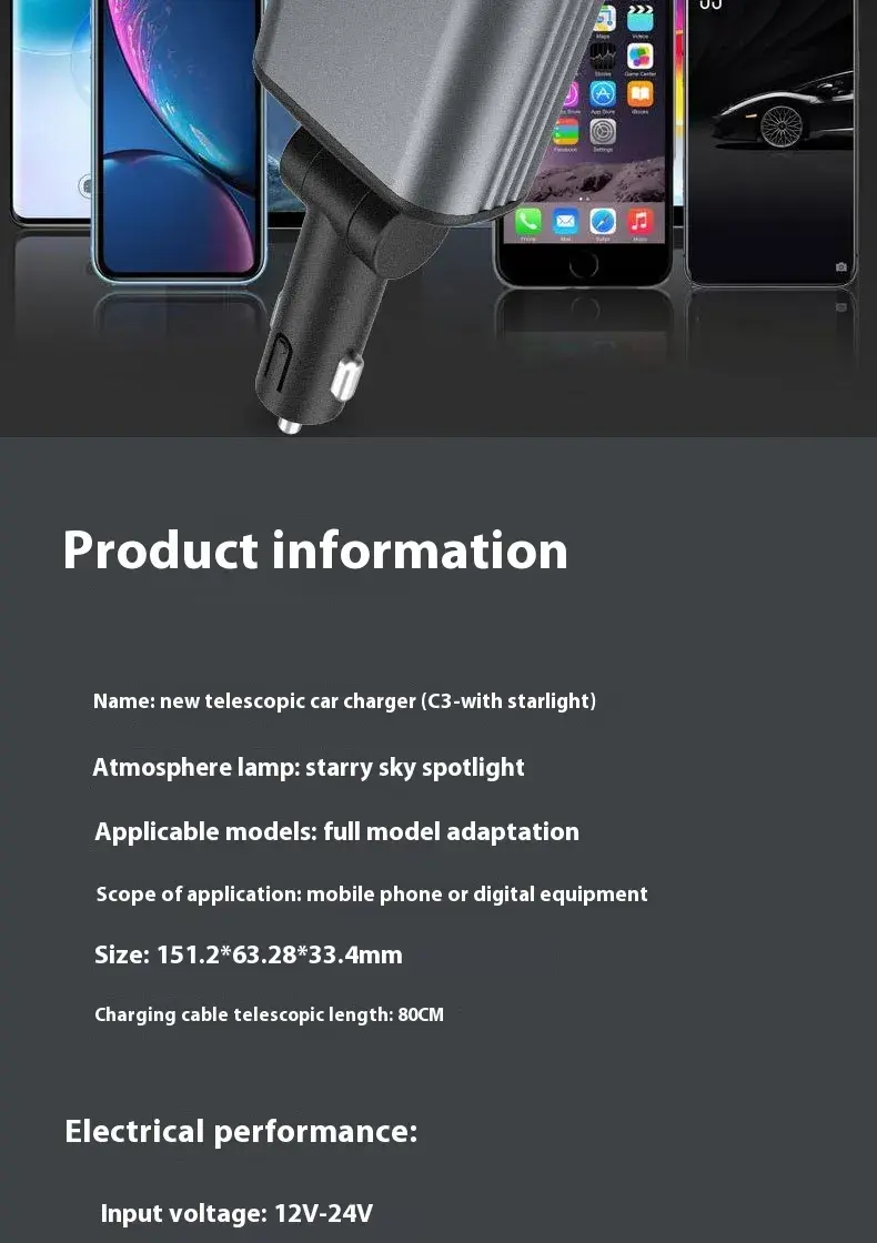 Miniatura: Car Mobile Phone Charger Four-in-one Multi-function Double Telescopic Strip Line