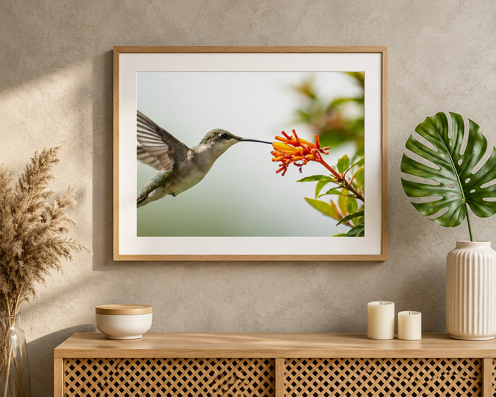 Insert of Ruby-throated hummingbird hovering close to orange flowers with wings spread.
