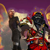 Uma imagem de Maelle, de Clair Obscur, ao lado de Hades, do jogo Hades, com Abby e Sam Porter, de The Last of uS 2 e Death Stranding 2: On the Beach ao fundo