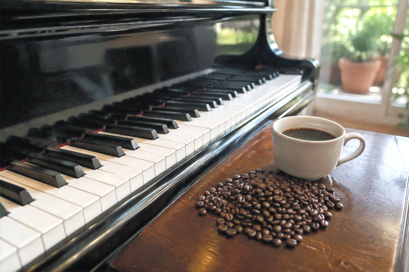 A coffee cup with a pile of coffee bean on the table next to the piano